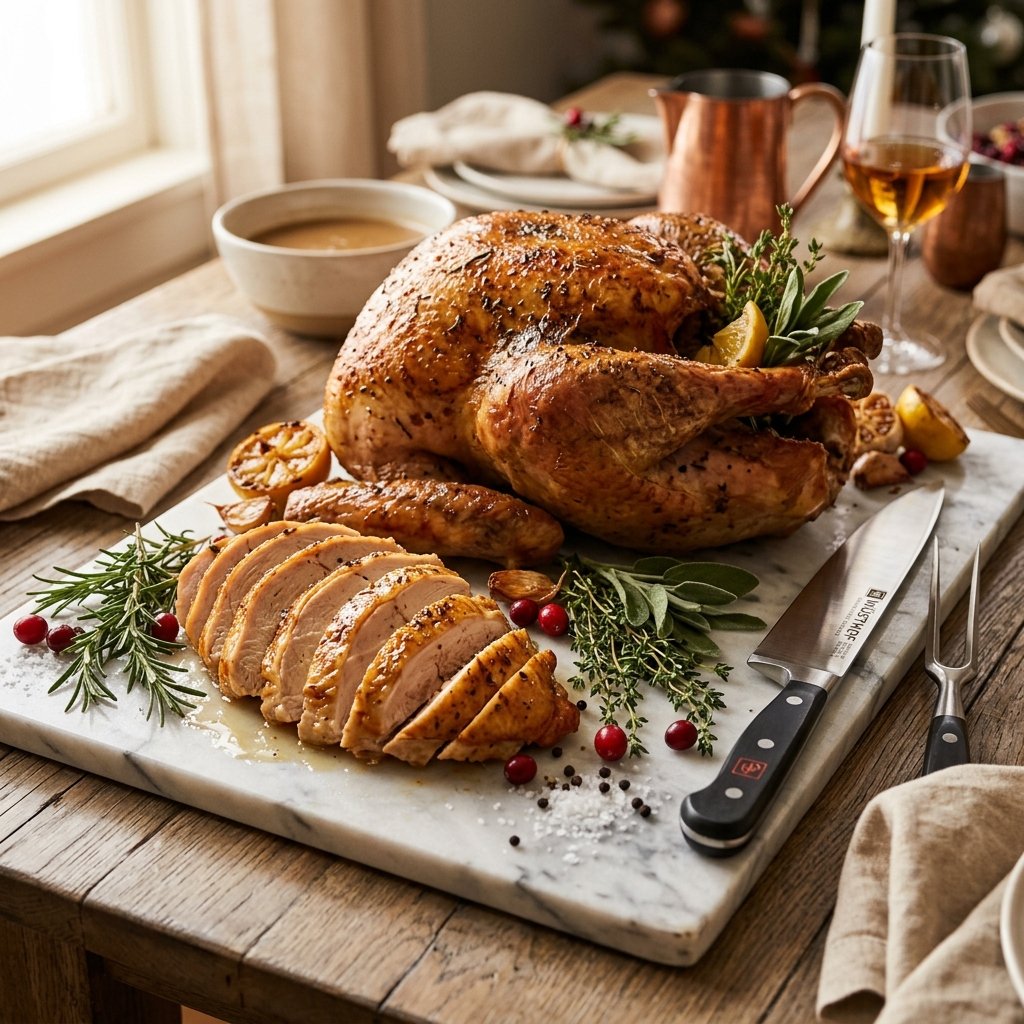 Finished roast turkey illustration for resting and carving guidance