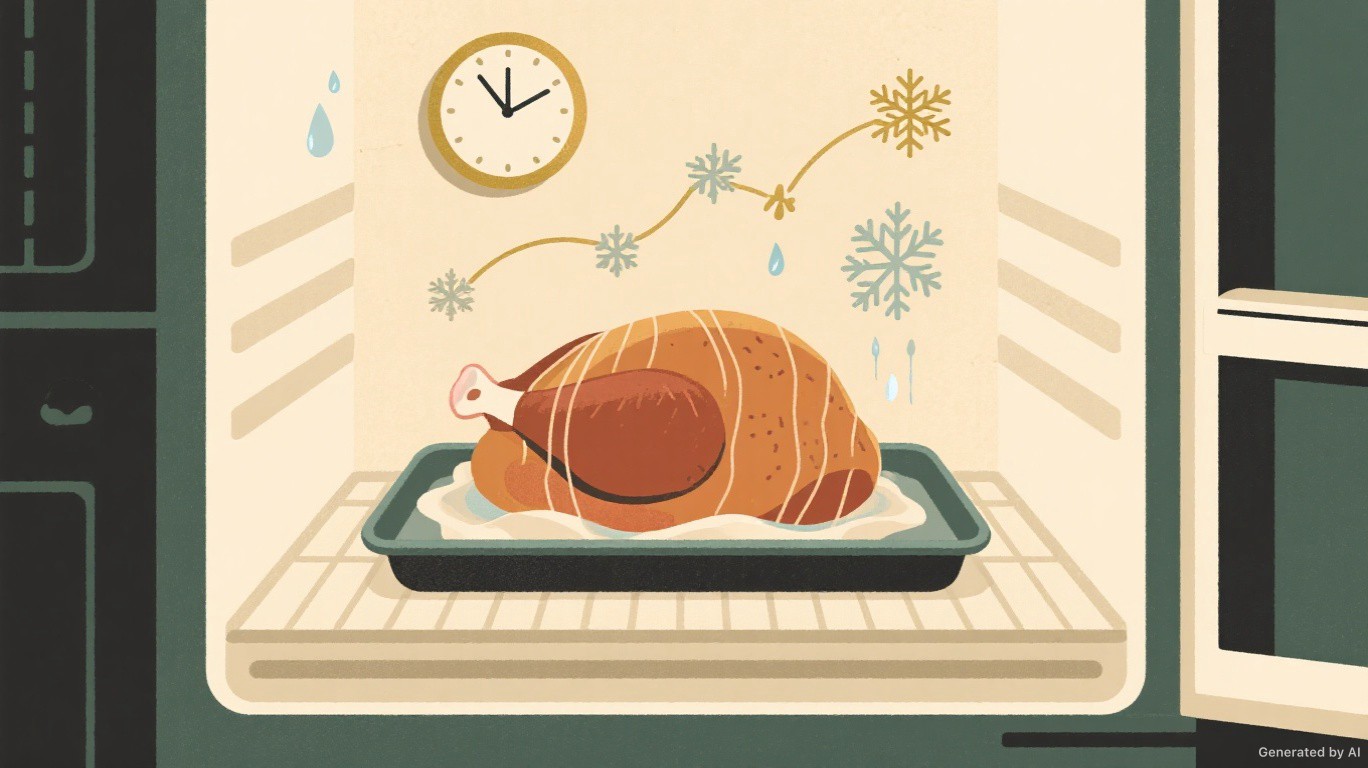 Illustrated frozen turkey thawing timeline showing refrigerator and cold-water methods