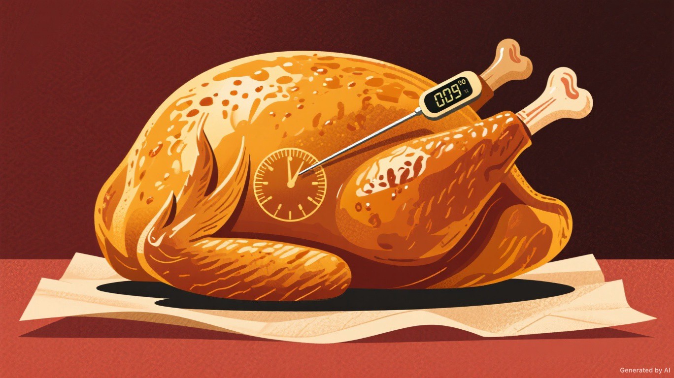 Illustrated turkey thermometer guide showing safe temperature checks in the breast and thigh