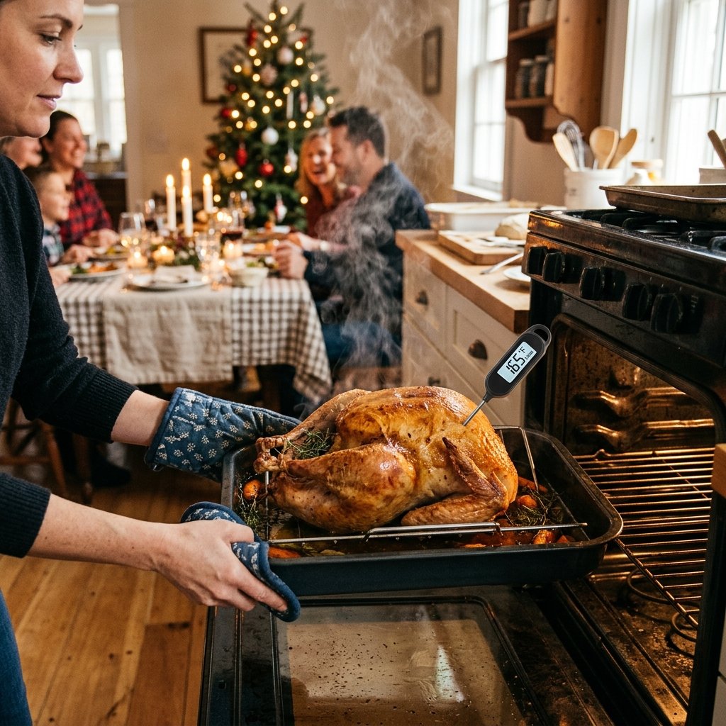 Roasted turkey with a thermometer and cooking-time planning details