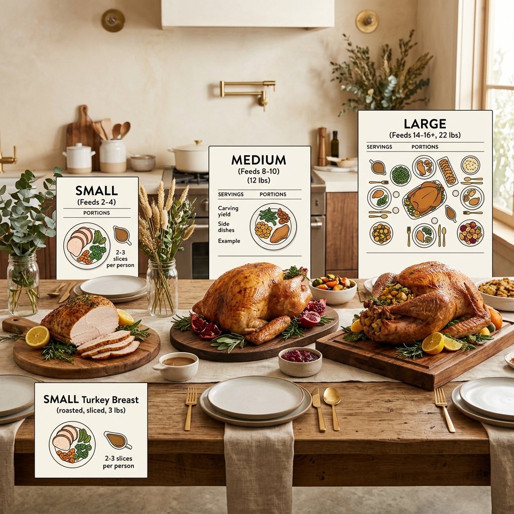 Turkey size planning illustration with serving measurements and place settings