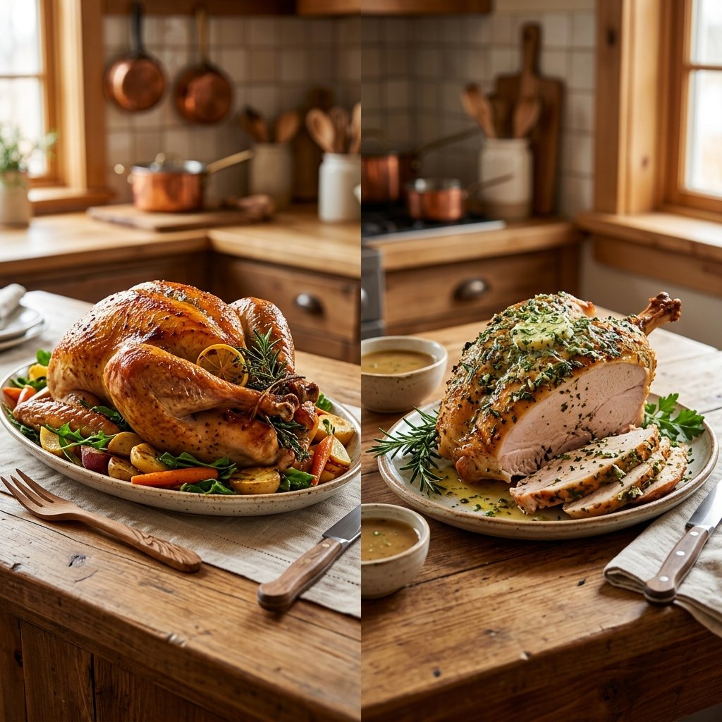 Roasted turkey planning illustration representing whole bird and breast serving choices